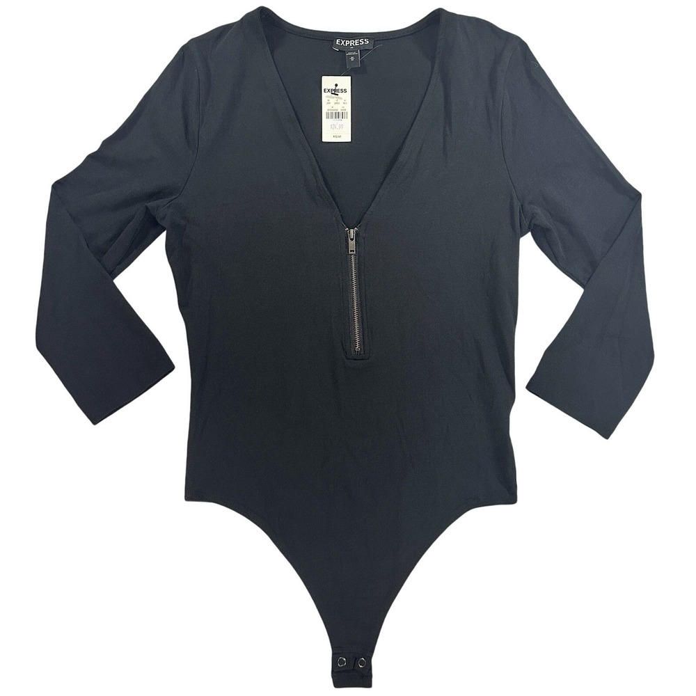 New Express Black Bodysuit Womens Small Bodycon Thong Half Zip 3/4 Sleeve Fitted